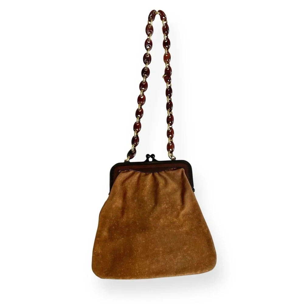 Vintage Saks Fifth Avenue Suede Satchel Shoulder Bag Brown Lucite Strap‎